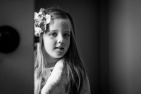 Lovely black and white portrait of girl from Naperville family picture session in home