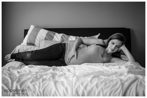 Naperville Photographer, Naperville Maternity Photographer | Lifestyle Photography | Relaxed Portrait of Mama in Neutral Room, black and white photo