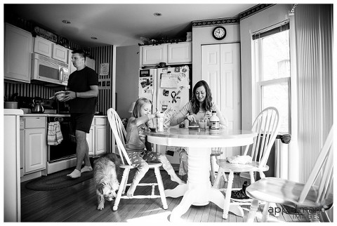 Naperville Family Photographer | Lifestyle Photography | Pet Portrait | Dog Photography, black & white photo, chicago area photographer, family scene, breakfast opportunity, pancakes