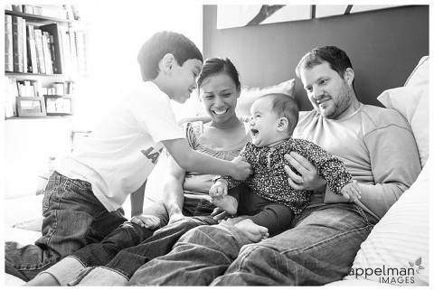 Photojournalistic Family Photography in Naperville, Honest Family Photos in Sunlit room, black and white laughing