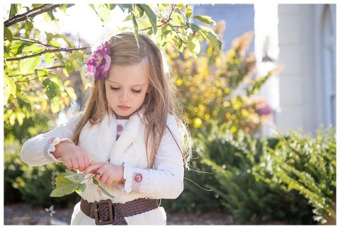 Beautiful portrait of girl in white with purple flower in Naperville family photography session