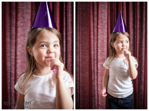 Quirky Kid Portraits in Naperville and Chicago, red curtain, red nails, purple lip gloss, purple party hat, little girl photograph collage