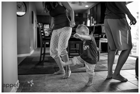 dance party toddler and parents in lifestyle photojournalistic portrait session at home