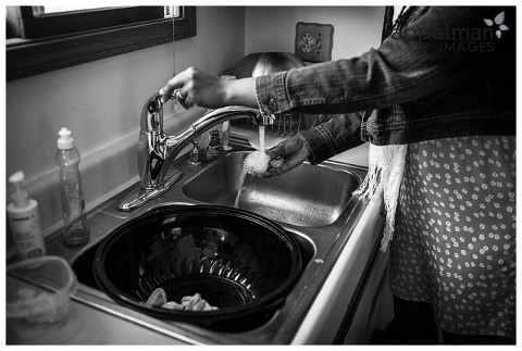 Sink cleaning in black and white naperville lifestyle storytelling photography