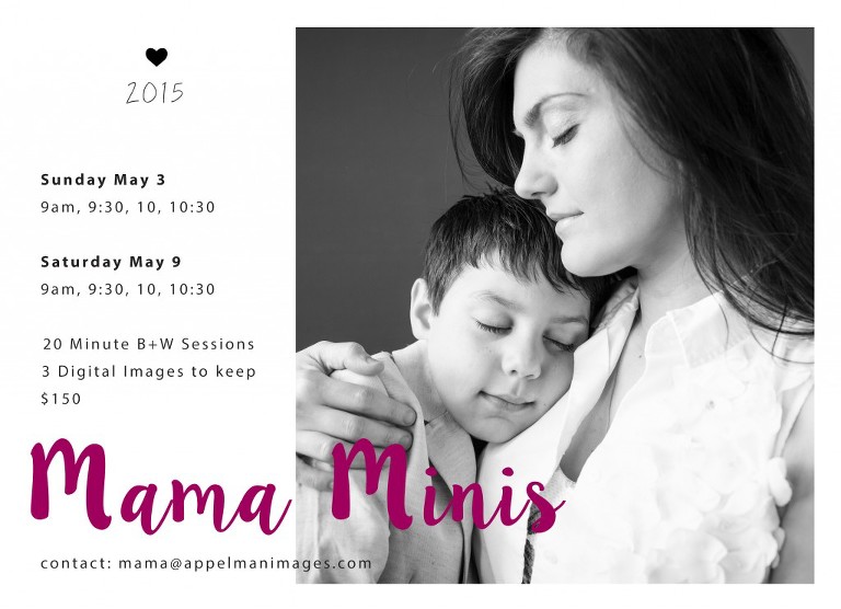 2015 Mama Minis 4x6 Ad 2 black and white photo of mother and son child