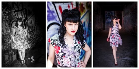 Graffiti wall and classic retro style girl in black and white and shadow portrait