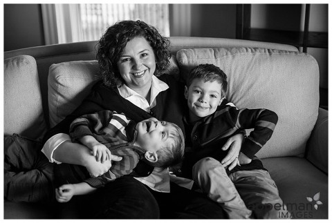 mom and her sons black and white lifestyle picture