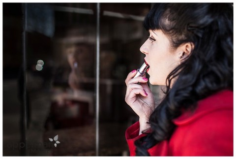 red lipstick window mirror style portrait