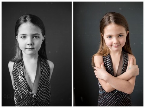 Chicago child model Beautiful model portrait of young girl in dark sparkly dress arms crossed closer image naperville glamour studio color and black and white
